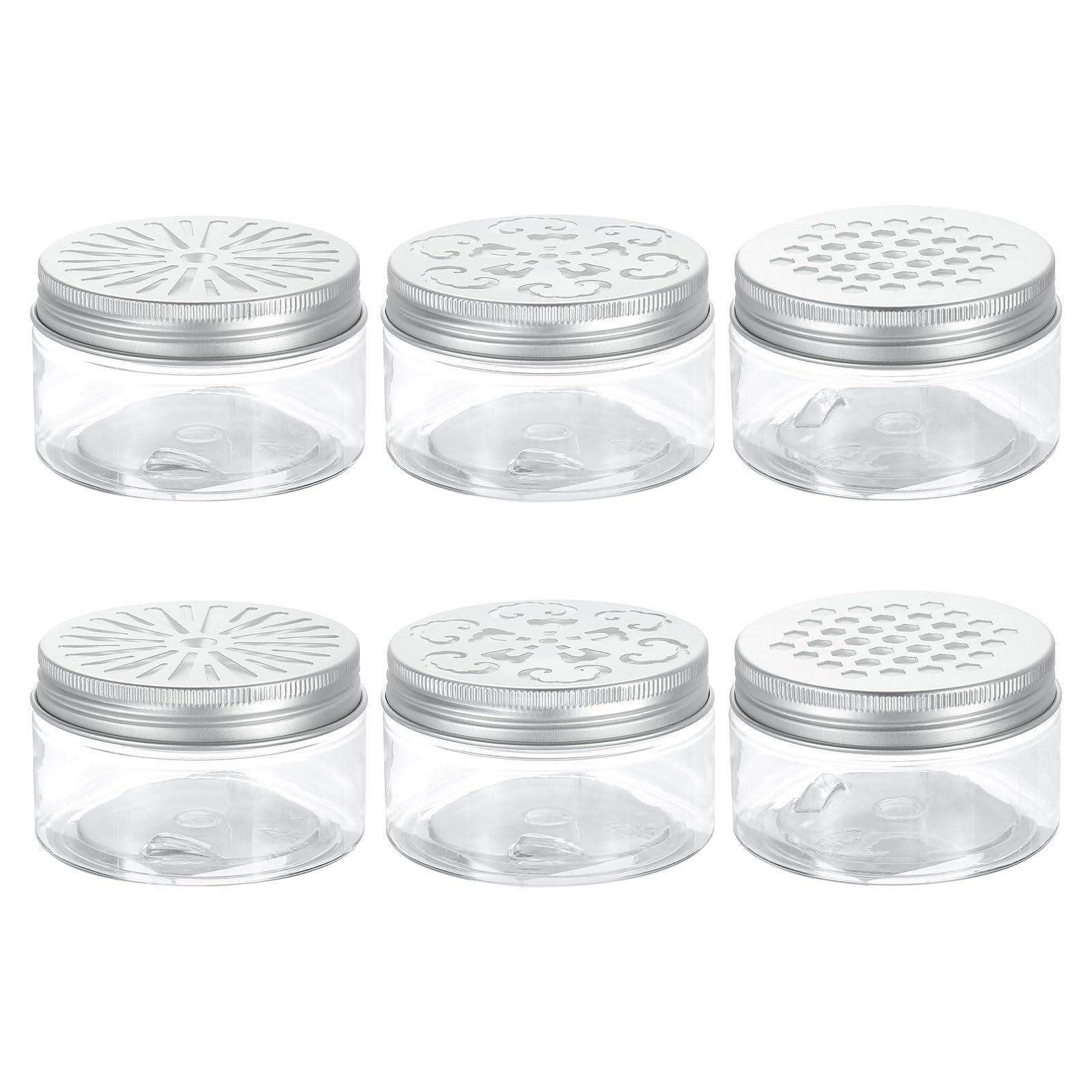 sourcing map 6 Pcs 3 Styles Empty Scent Beads Storage Container 3.4oz/100ml Air Freshener Tins Round Refillable Spice Containers Plastic Jars Sample for Travel Storage