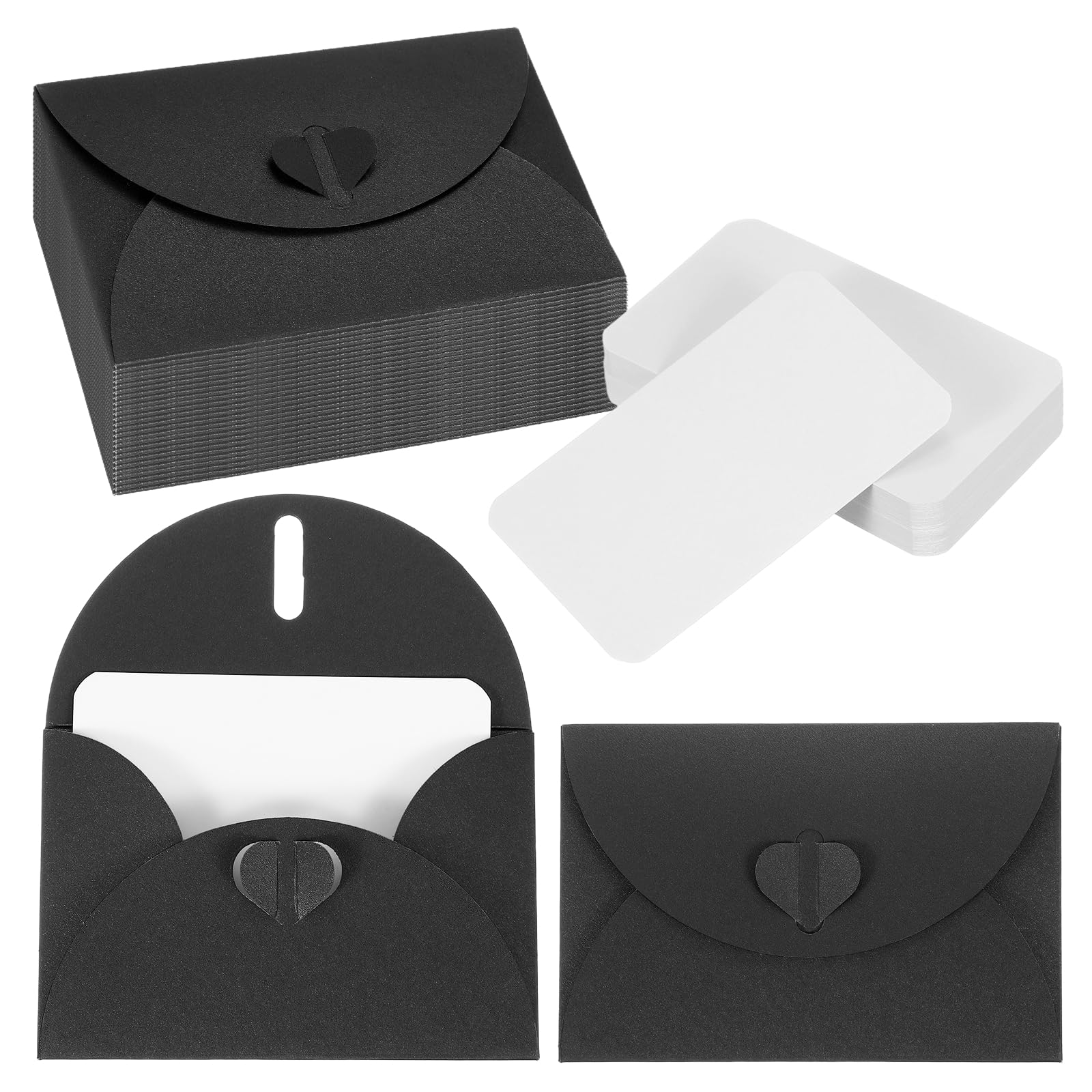 PATIKIL 50 Set Mini Buste Con Chiusura A Cuore 4.1x3" Biglietti Bianchi Con Buste Per Regali Inviti Matrimonio Laurea Vacanze Ringraziamento Natale Nero
