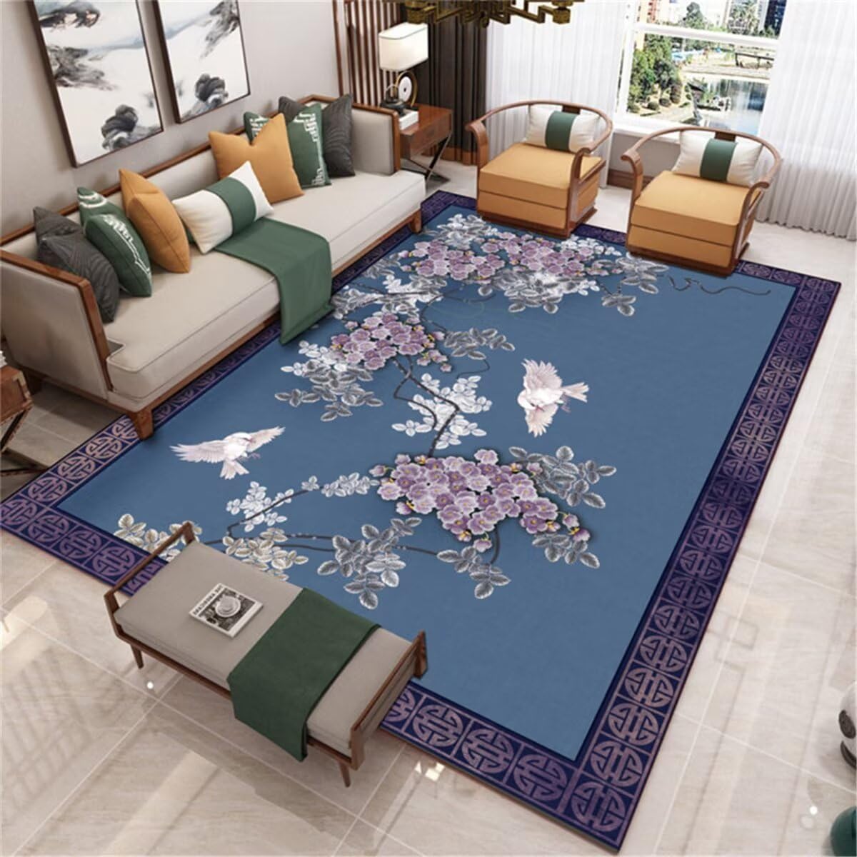 Tapis Bleu Confortable et Personnalisable aux Motifs Floraux