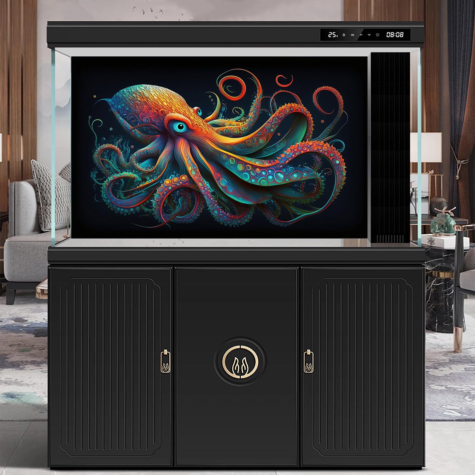 Fondo abstracto de acuario de pulpo, fondo de terrario de pulpo, pulpo brillante en fondo negro, fondo de pecera, póster decorativo de vinilo, 76 x 30 cm