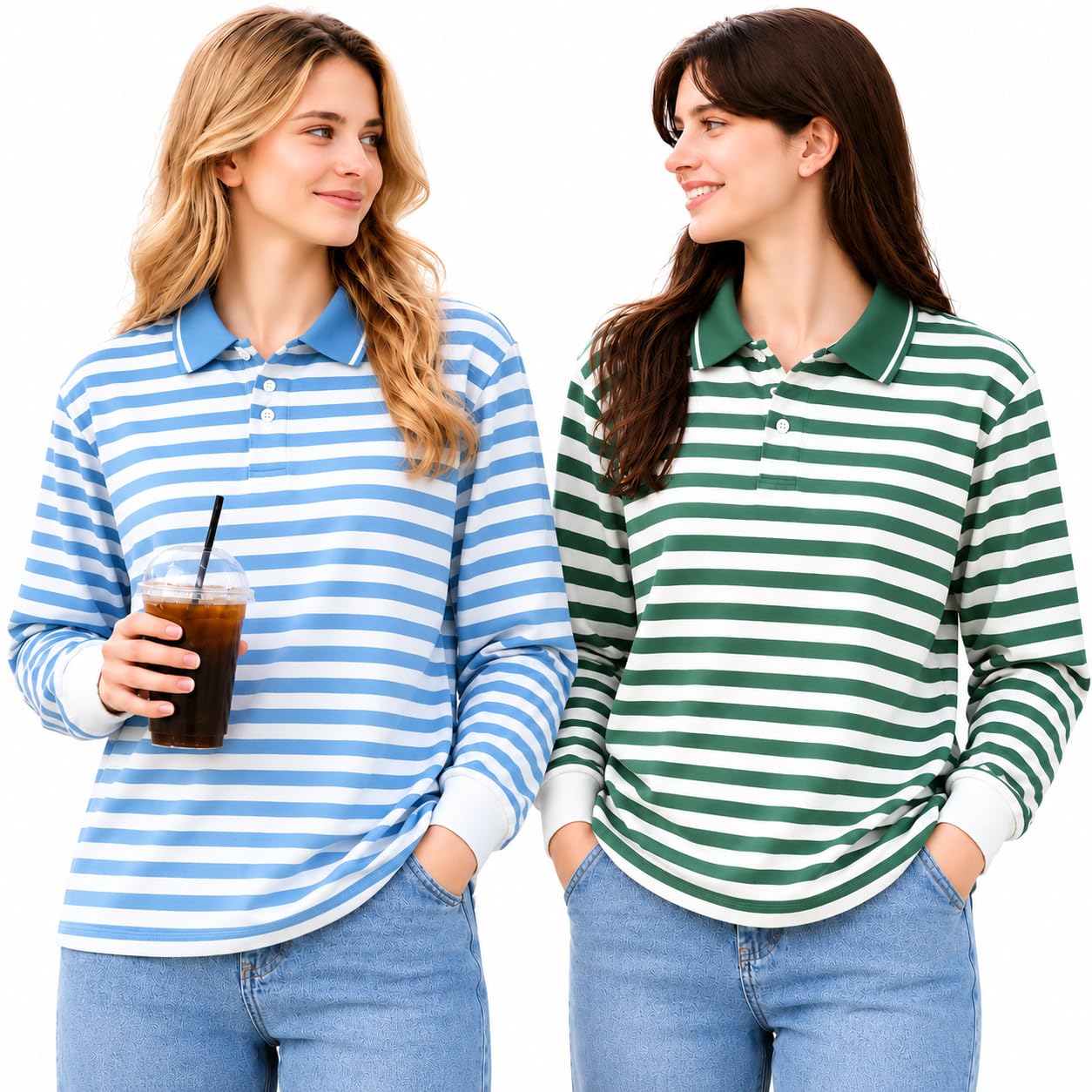 Women's Regular Fit Striped Polo T-Shirt | Cotton Blend | Collared Neck | Full Sleeve Casual Polo Tee for Women (Pack of 2)-MN-471-picture-13