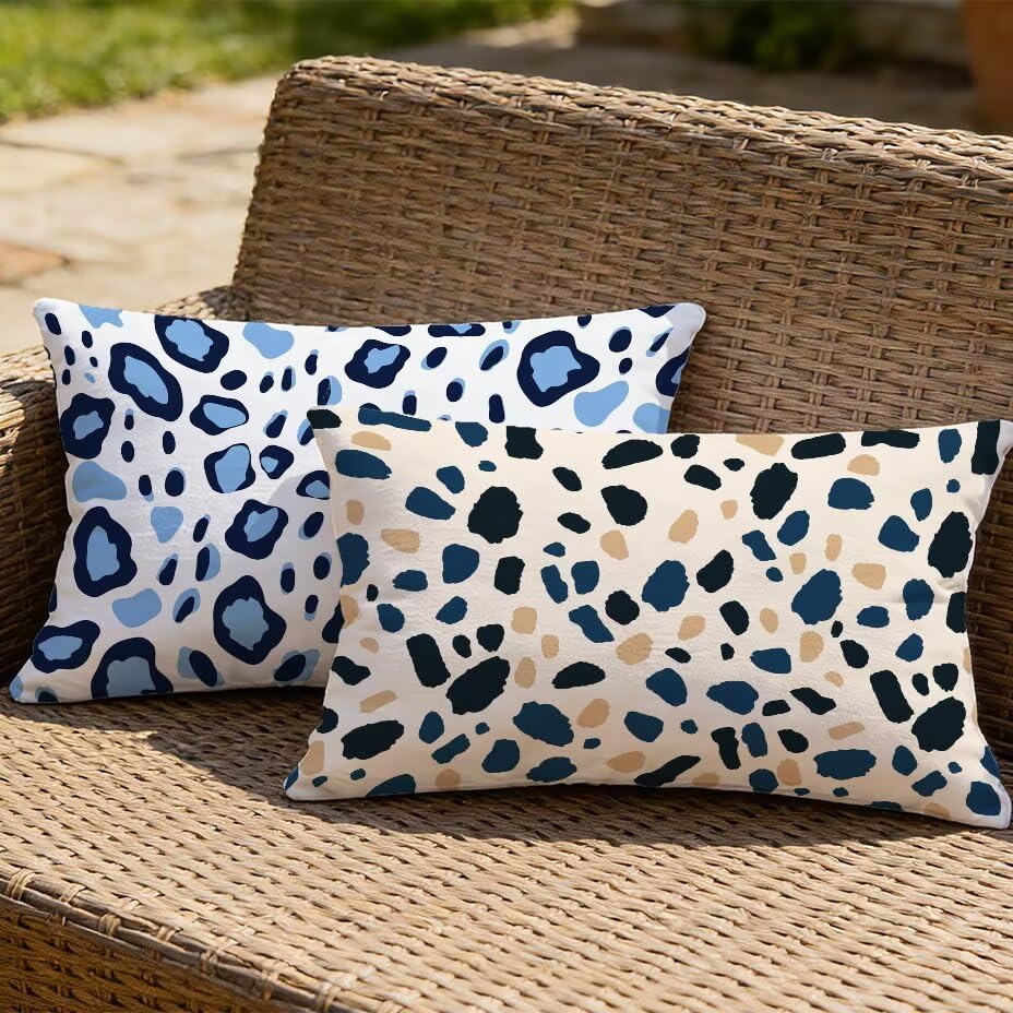 Housse de Coussin Aspect Lin Bleu Imperméable 50x70 cm Imprimé Léopard
