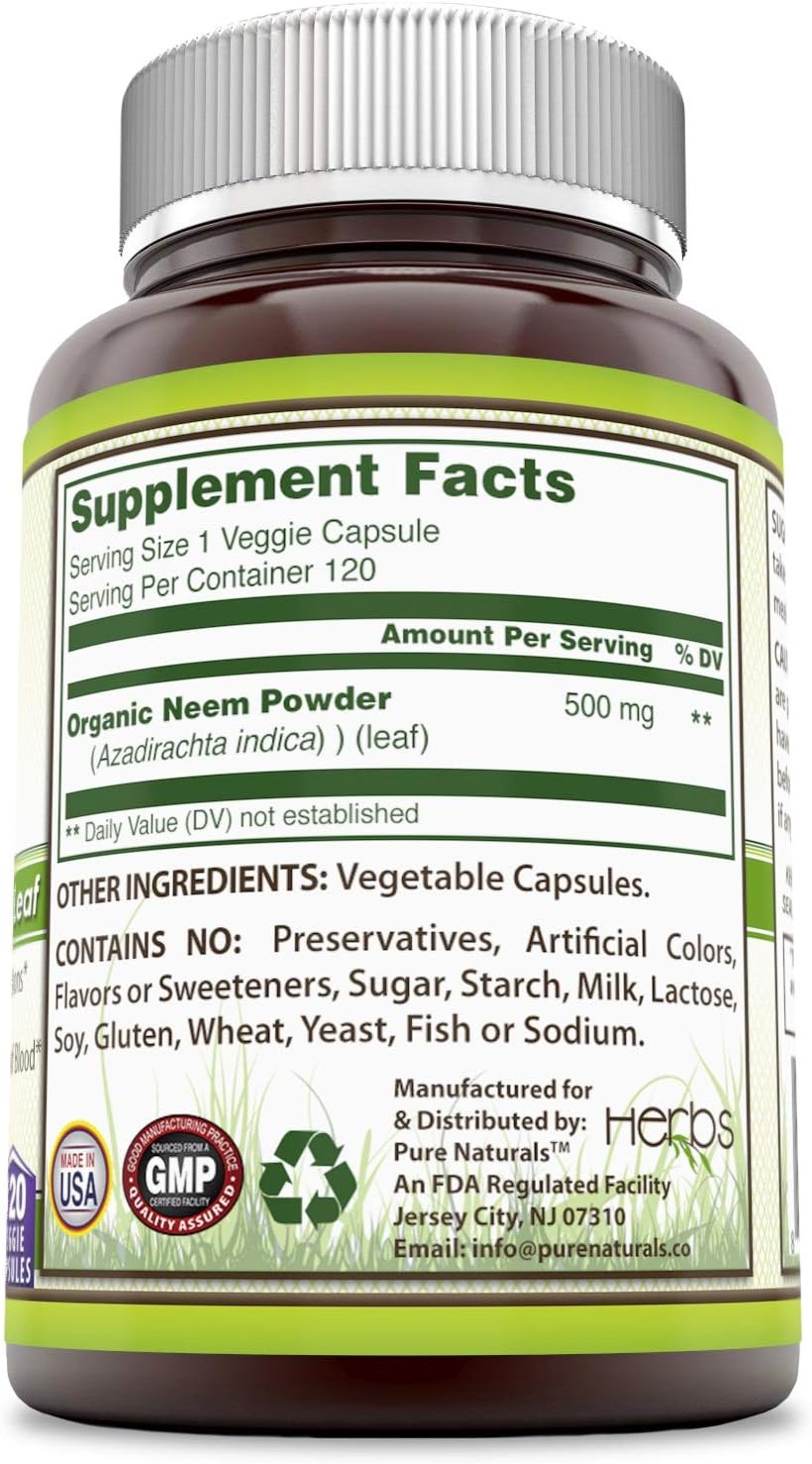 Pure Naturals Neem 500 Mg, 120 Veggie Capsules, Supports Digestive Functions, Promotes Detoxification of Blood, Supports Skin Health : Health & Household