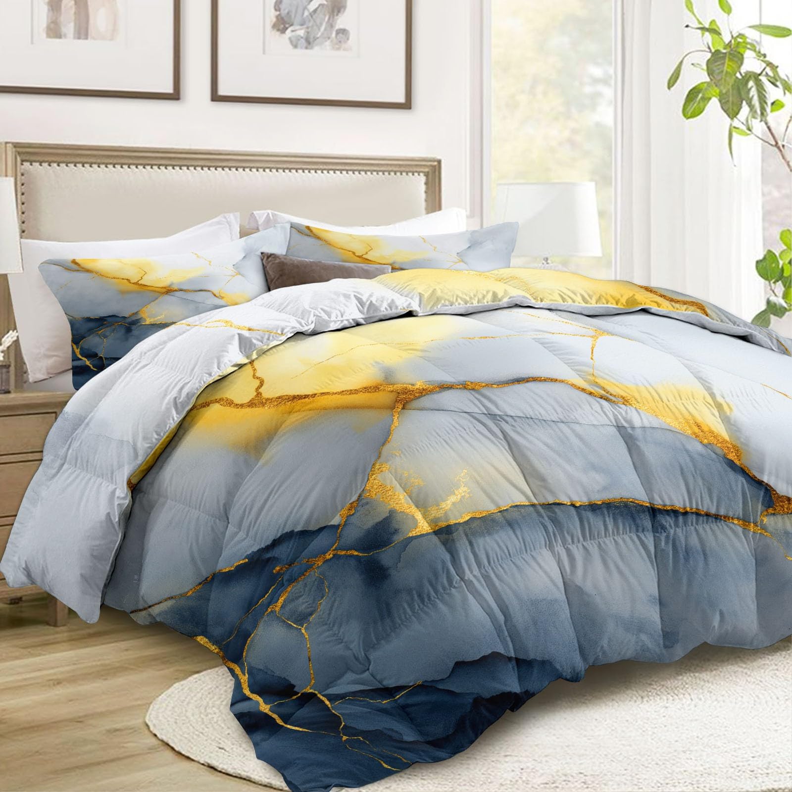 Generico Piumone Invernale Matrimoniale 220 x 240 cm Astratto Texture Marmo Trapunta in Ecopiuma 400 gr/mq, Caldo ed Elegante – Biancheria da Letto Anallergica e Traspirante – Set 3 Pezzi, Grigio