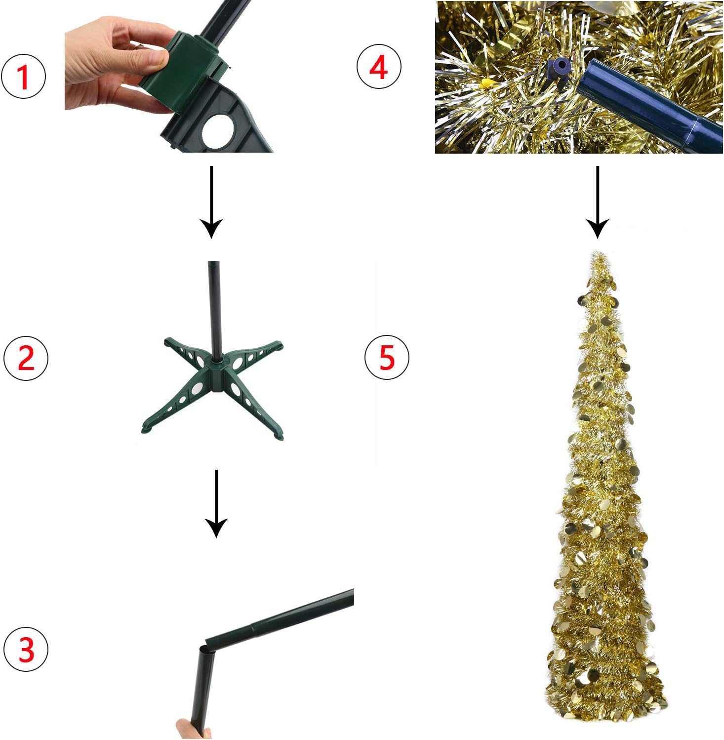 LOKIPA 5ft/1.5M Collapsible Christmas Tinsel Tree Gold Pop Up