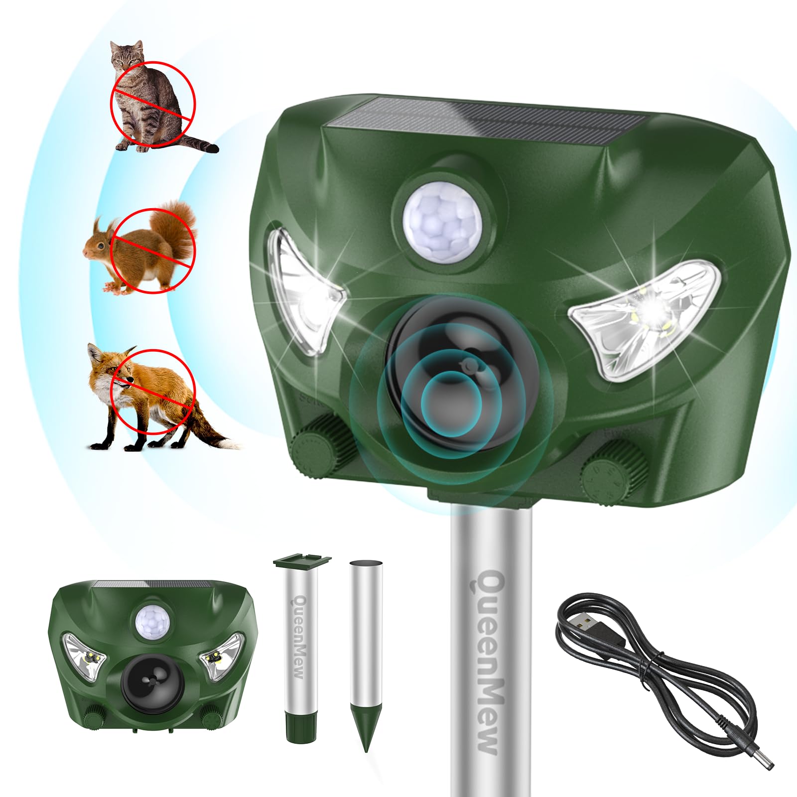 Repelente para Gatos, Ahuyentadores de Gatos Exterior Multifuncionales, Repelente Gatos Jardin Exterior, Solar Ultrasonido Repelente para Gatos con Sensores Infrarrojos y Flash LED y Sonidos de Alarma