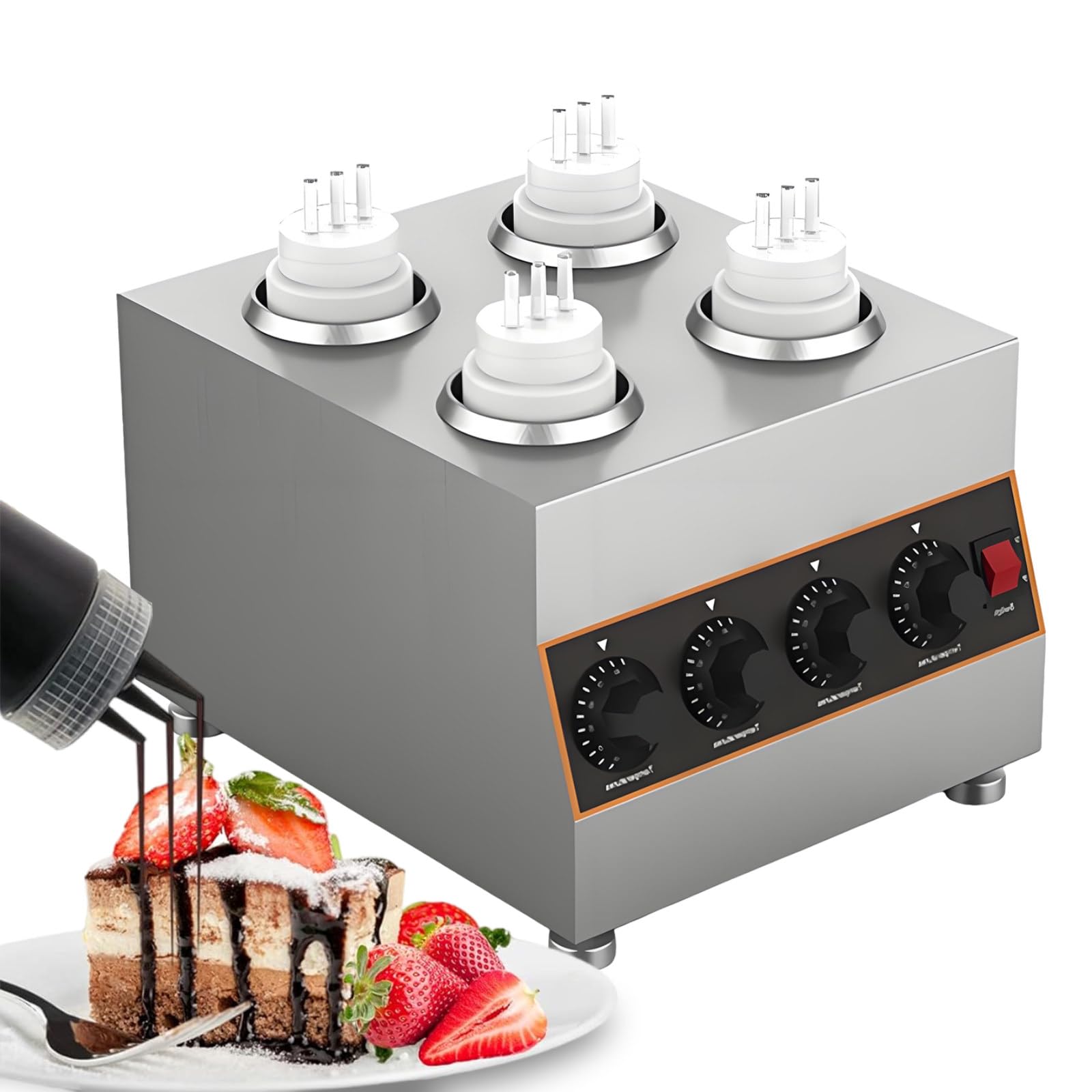 Dispensador Calentador de Salsas Eléctrico con 4 * 650ml Botellas, Calentador Comercial para Encimera para Salsa de Chocolate, Queso Nacho, Kétchup, Chocolate