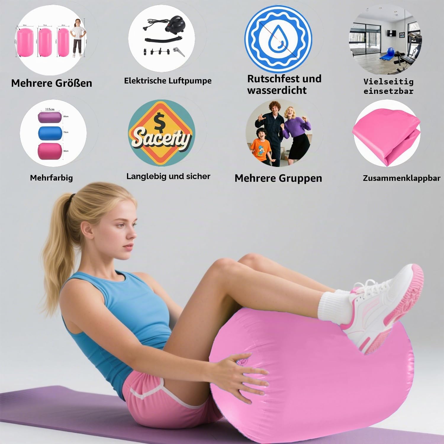 Aufblasbarer Air Roller 60/75/90 cm Air Barrel Luftrolle Gymnastikmatte mit Elektropumpe, Tumbling Mat für Rückwärtsüberschläge, Yoga & Wassergymnastik für Erwachsene & Kinder