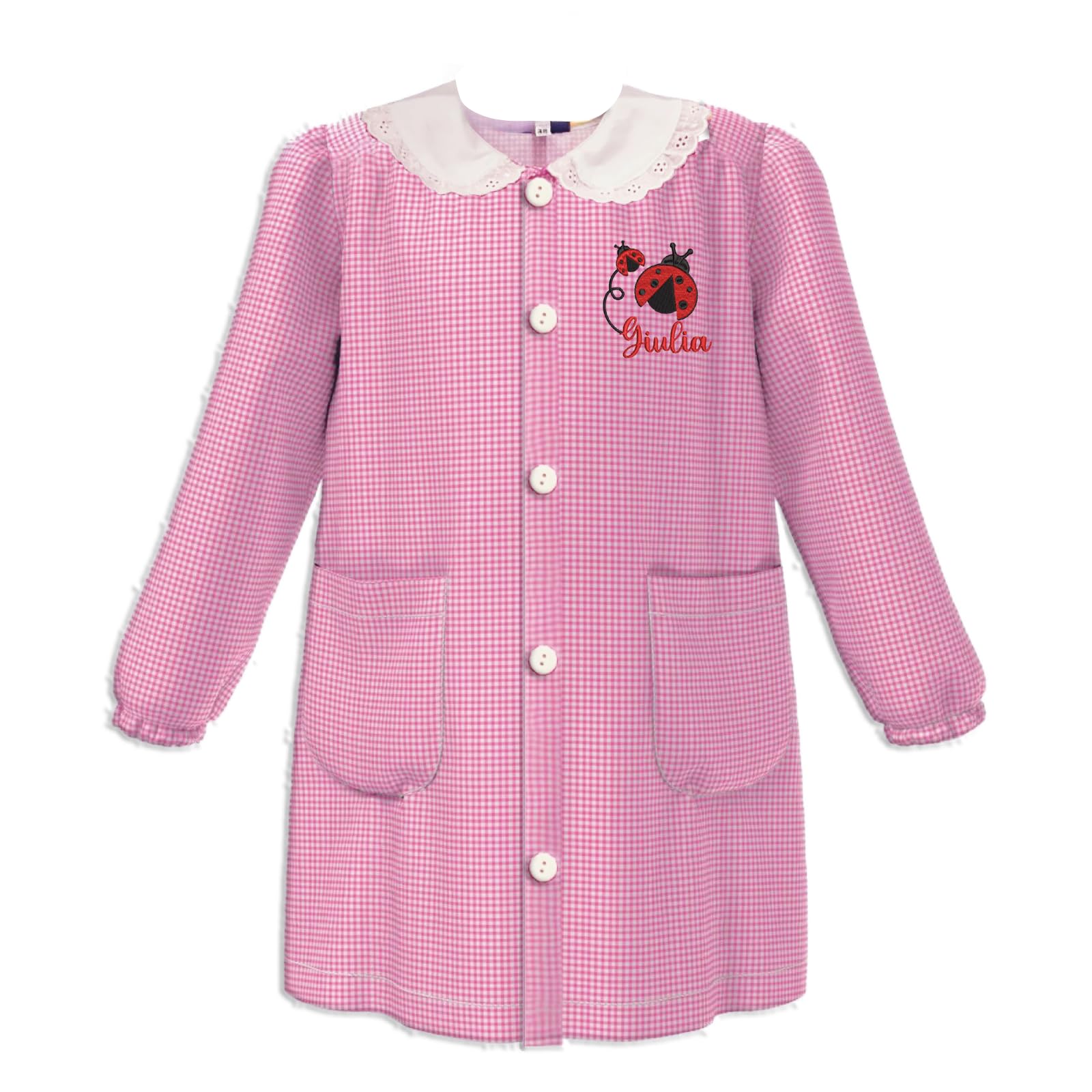 D&Vlab Grembiule Scuola Materna Asilo Infanzia Bimba Bambina a quadretti Rosa con Bottoni Personalizzato con nome Ricamato e Ricamo Coccinella, Made in Italy, 3 4 5 6 7 Anni