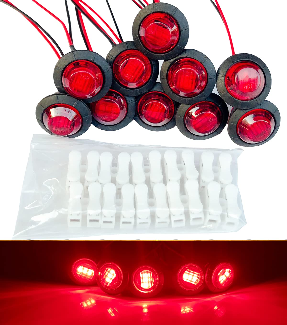 HyLikota 10Pcs Red 3Led 12V 3/4'' LED Marker Clearance Lights chicken Round Trailer Side Marker Signal Lamp Bullet Lights for Camper Trailer Truck ATV UTV RV Van Pickup 12V