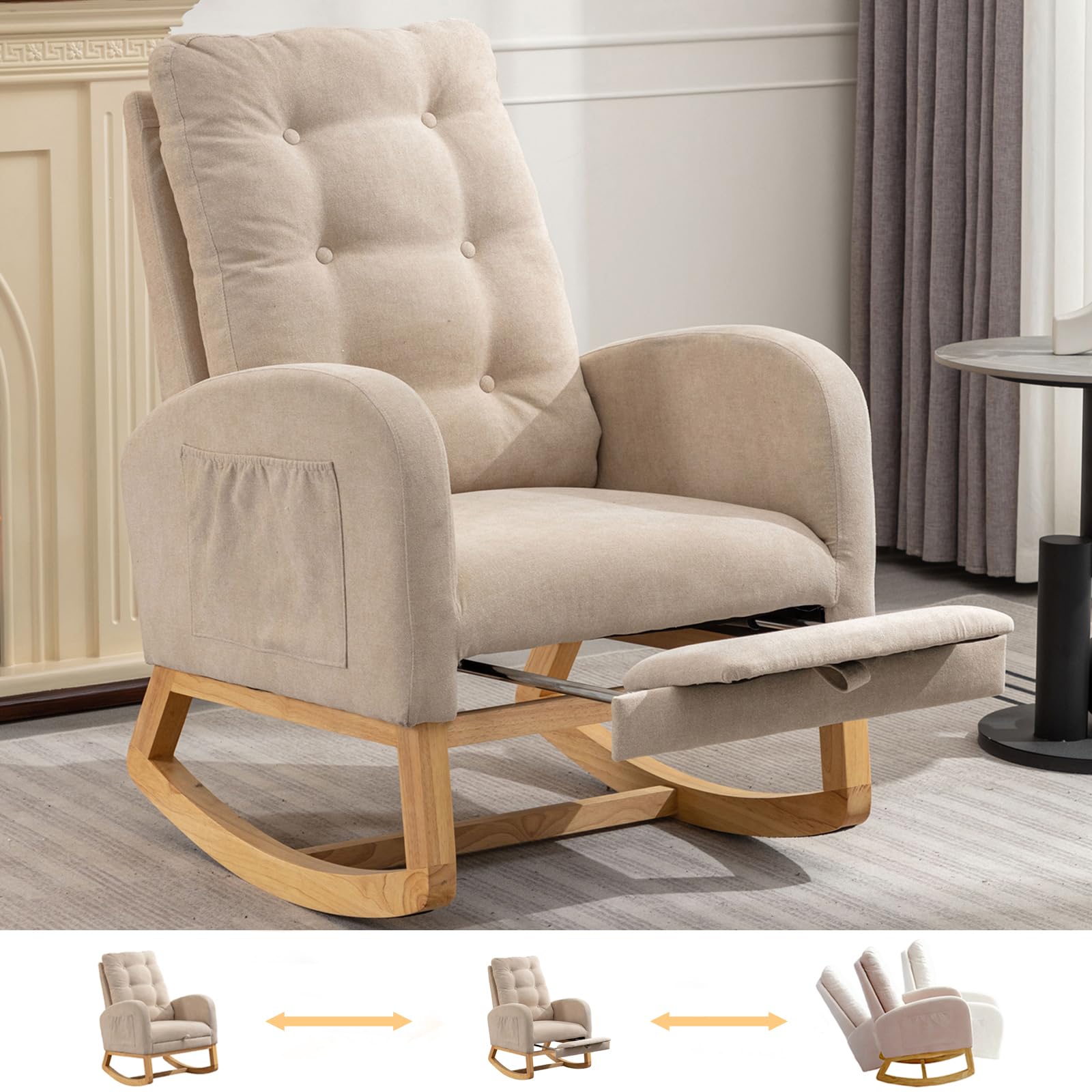Nursery Rocking Chair with Foot Rest, Upholstered Glider Rocker Chair Comfy Wide Padded Seat Accent Chair with High Backrest and Armchair with Side Pocket for Living Room Bedroom Offices, Beige-1
