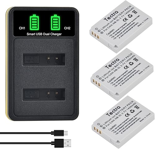 Tectra Paquete de 3 baterías NB-5L y cargador dual LED para Canon PowerShot S100, S110, SD790 es, SD850 es, SD870 es, SD880 es, SD890 es, SD970 es,