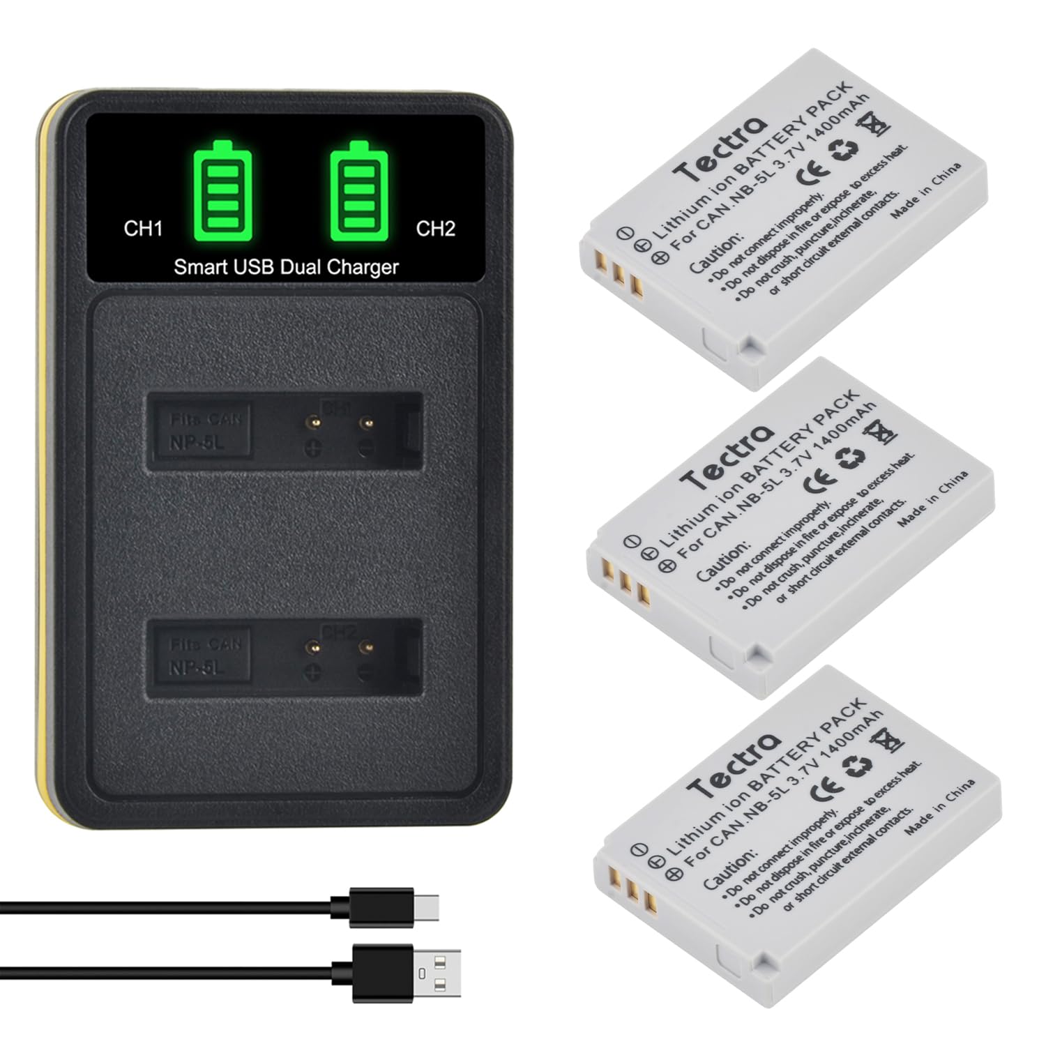 Tectra 3-Pack NB-5L Battery and LED Dual Charger for Canon PowerShot S100, S110, SD790 is, SD850 is, SD870 is, SD880 is, SD890 is, SD970 is, SX200 is, SX210 is, SX220 is, SX230 HS