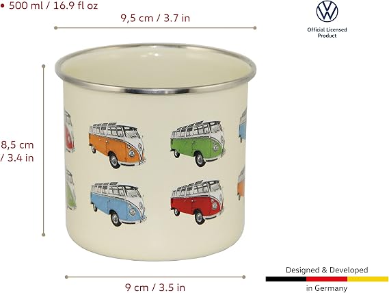 BRISA VW Collection - Volkswagen Large Enamel Coffee-Tea Mug Cup for Camping & Outdoor T1 Bus Campervan (500 ml/16.9 fl oz/Parada/Beige)