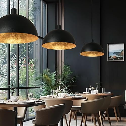 Miniatura 5 de Lámpara colgante de cúpula negra y dorada, lámpara de cúpula grande de 20 pulgadas, accesorio industrial con interior de hoja dorada para comedor,