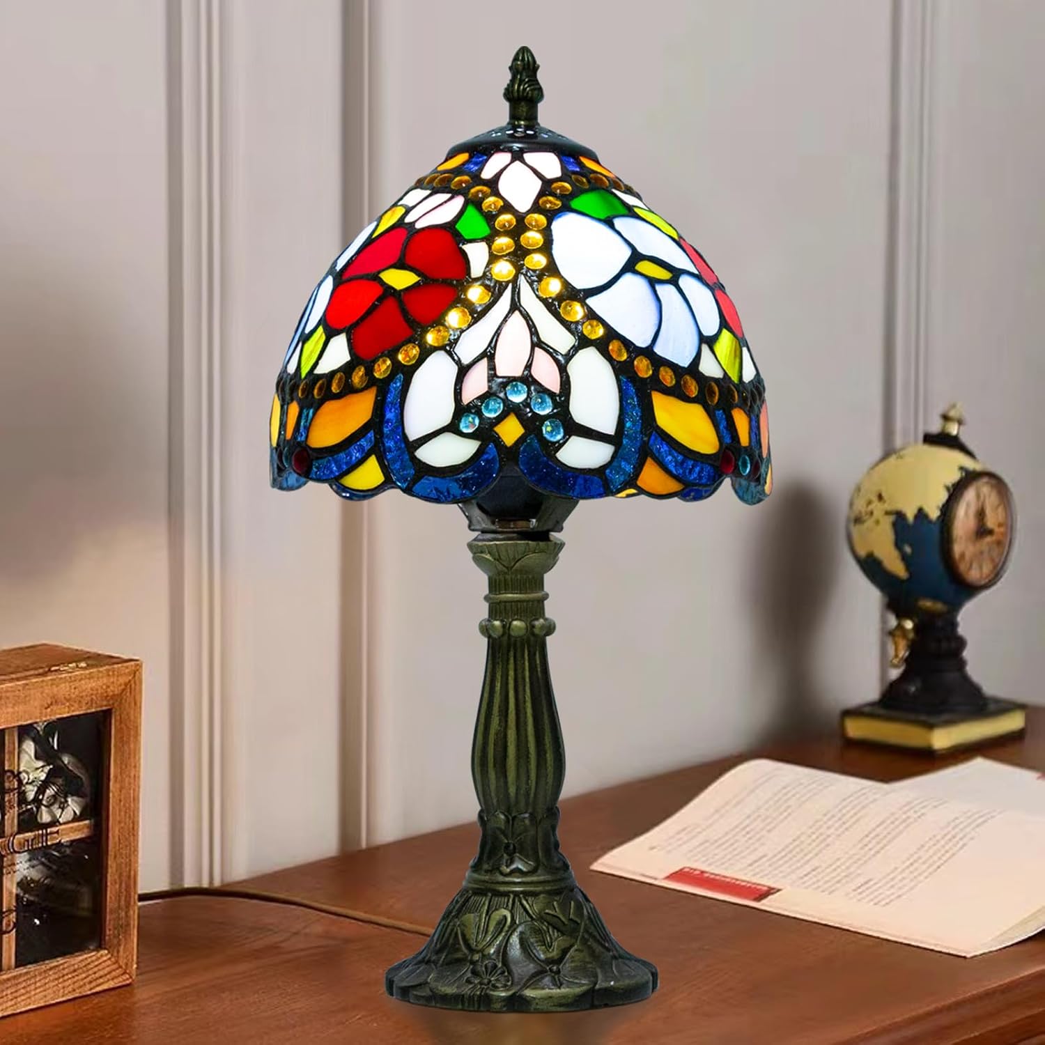 Small Tiffany Table Lamp, 3 Color Temperature, 8 Inch Antique Stained Glass Lamp for Bedroom Living Room Home, Handcrafted Light, Included Bulb (J Red Rose Bead)