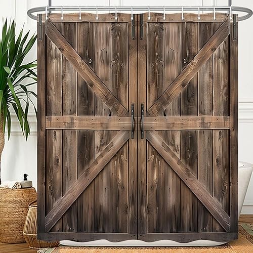 Vista 22 de Cortina de ducha rústica de madera estilo granero, 60 x 70 pulgadas, color beige