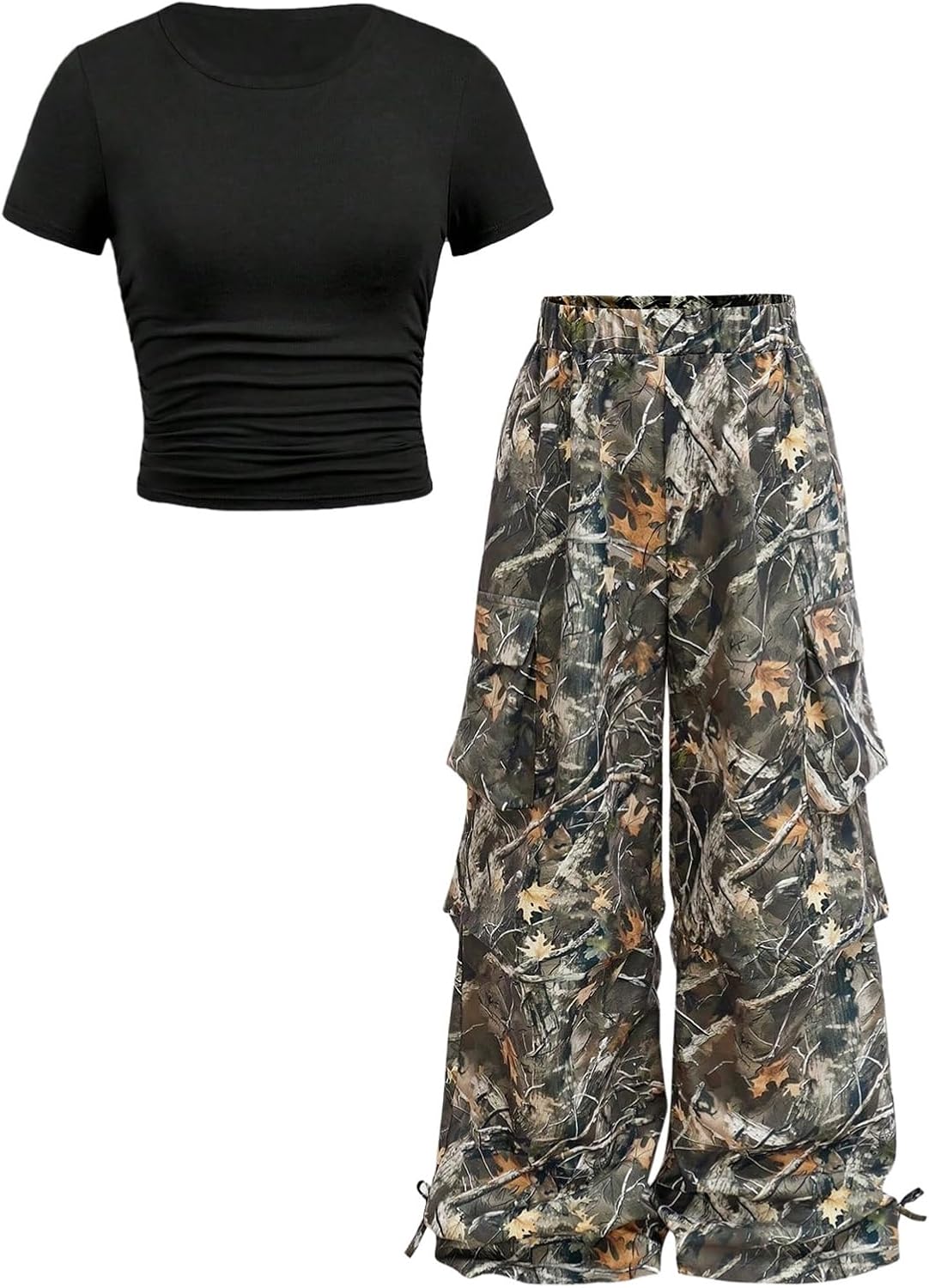Girl's 2 Piece Summer Outfits Short Sleeve Ruched Basic Tess and Camo Cargo Pants Sets Trendy