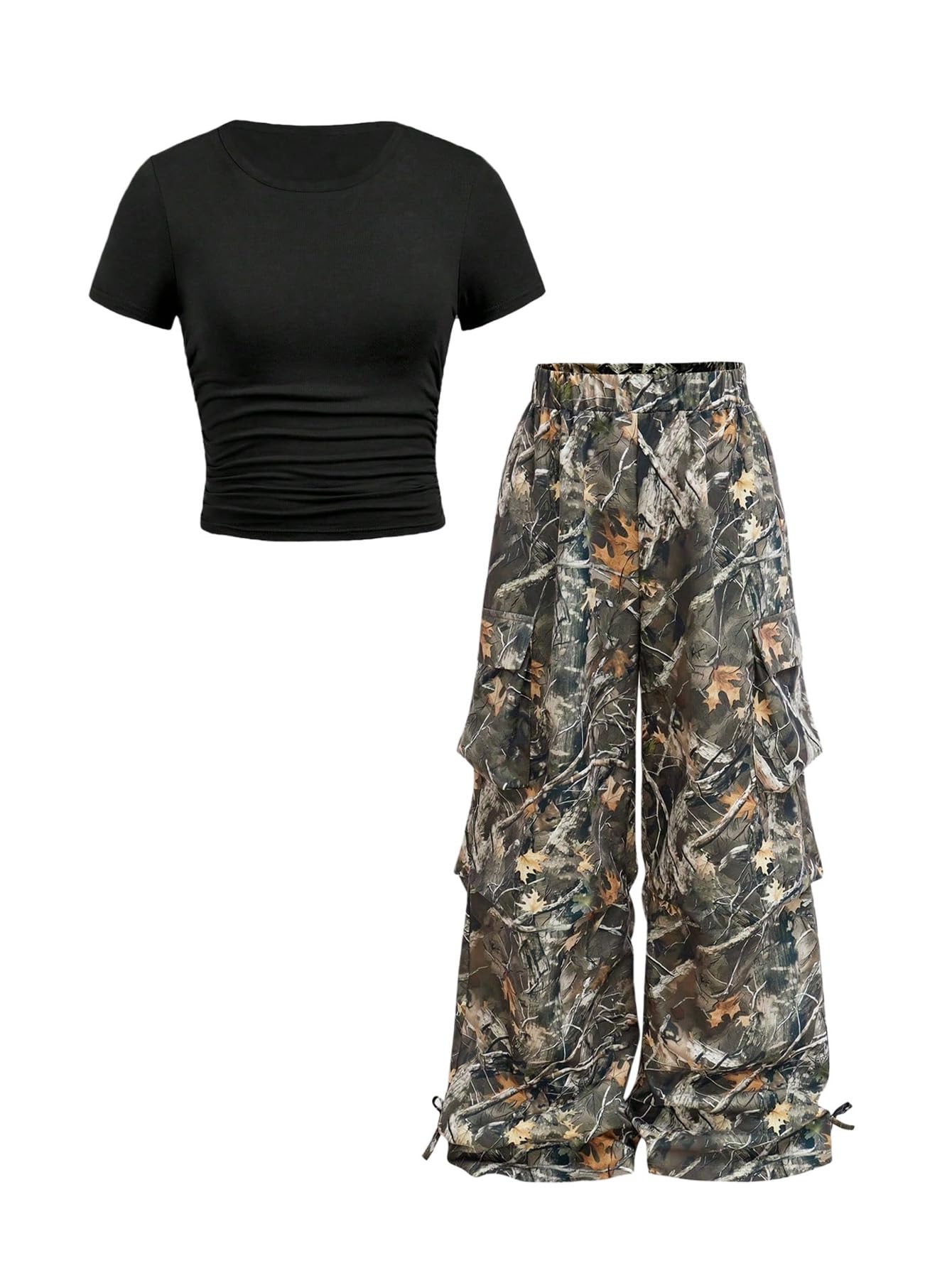 Girl's 2 Piece Summer Outfits Short Sleeve Ruched Basic Tess and Camo Cargo Pants Sets Trendy