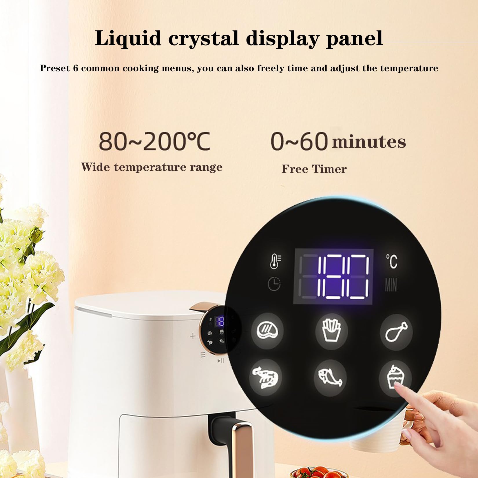 BNEI Freidora de Aire 4.5 Litros, Freidora sin Aceite de Aire Caliente, Pantalla Táctil LED, 1300w, Cesta Antiadherente, Temporizador 60 Minutos, 6 Modos Preestablecidos (Blue)
