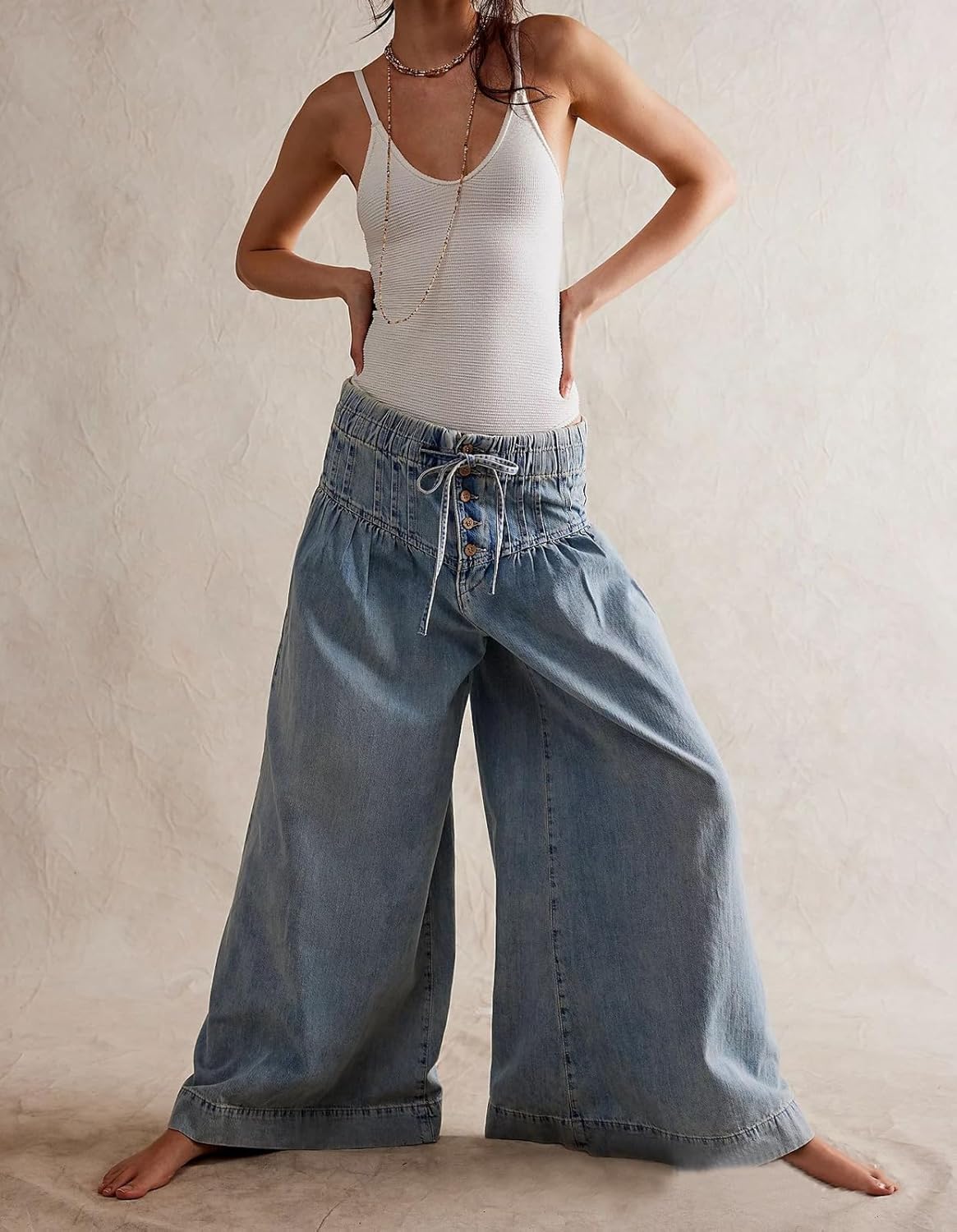 loveimgs Women Y2k Pleated Baggy Jeans Elastic Waist Wide Leg Denim Pants Palazzo Cargo Barrel Jeans Drawstring - Image 5