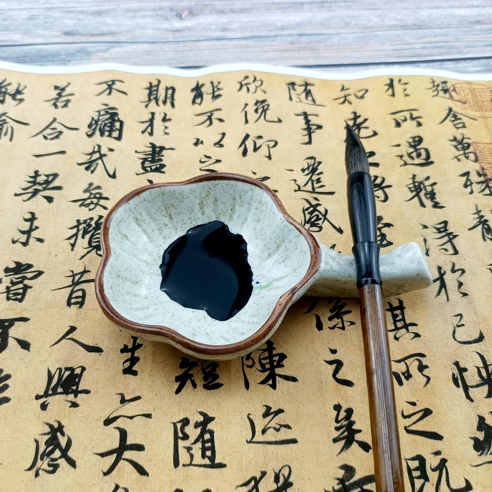 2 Pcs Multifunctional Inkwell Dish Porcelain Handmade Ink Well Inkstone with Brush Holder for Chinese Japanese Calligraphy Painting Practice（Lotus）