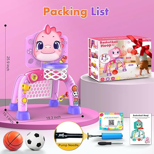 Vista 8 de Nicmore Juguetes de aro de baloncesto para niños pequeños: Centro de actividad de dinosaurio con luces y música - Desarrollo de habilidades Rosa