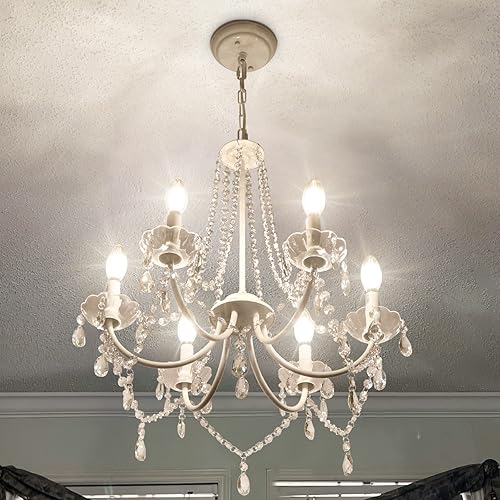 Miniatura 4 de Candelabro de cristal francés de 6 luces, lámpara de vela blanca moderna de 20 pulgadas para comedor, elegante lámpara de granja para dormitorio de