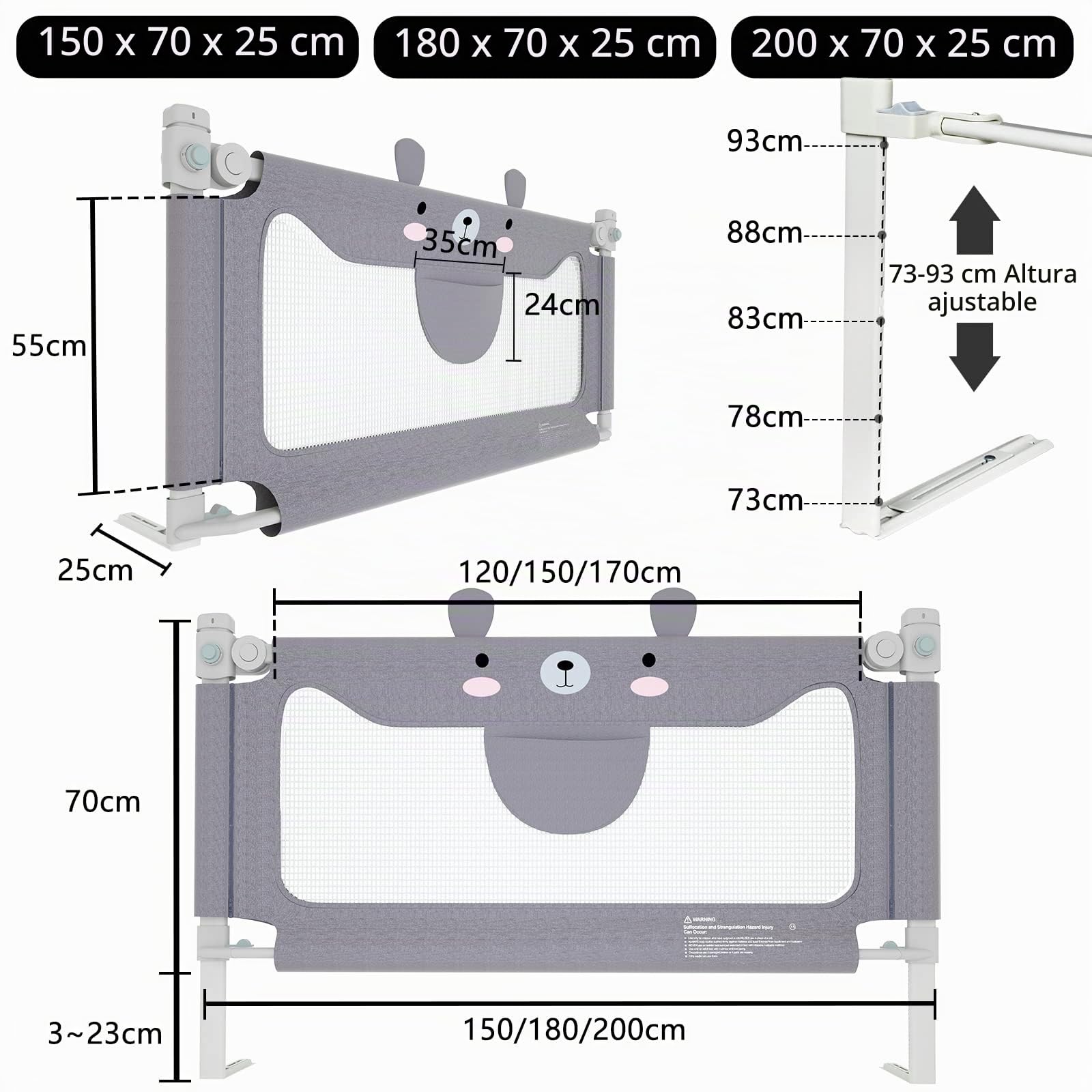 FIVMEN Barrera de cama de 180 cm para bebé, protección anticaídas para cama de bebé, altura ajustable, barrera protectora de cama para niños con bolsa de almacenamiento, barrera para cama infantil