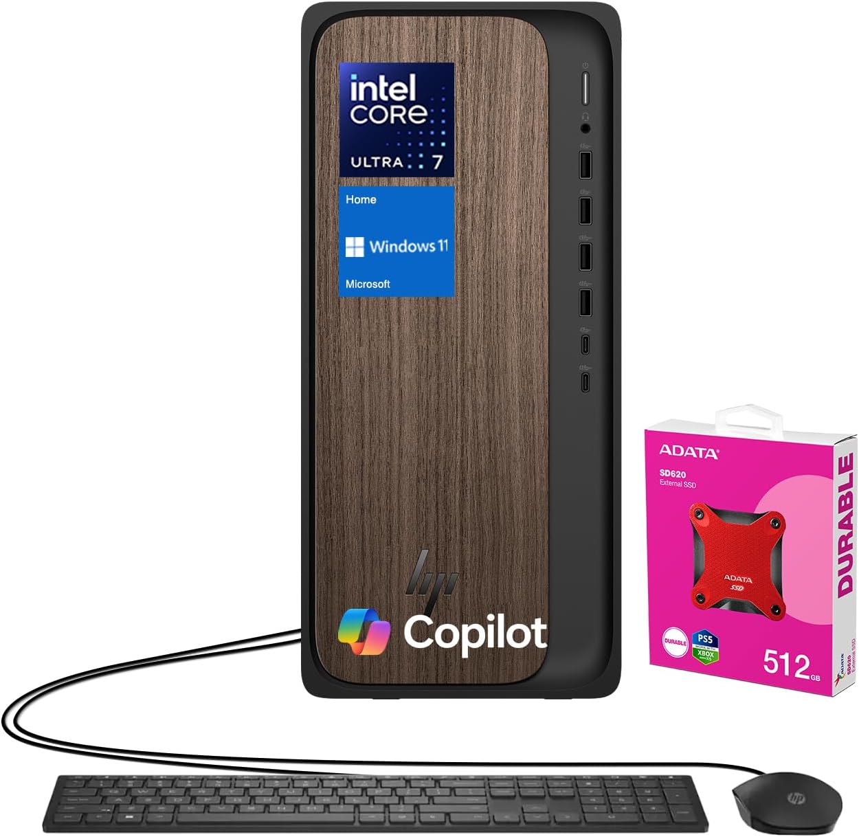 HP OmniDesk M03 Desktop PC with keyboard, mouse, and ADATA external SSD