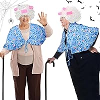 Vista 5 de Berlune 7 piezas de disfraz de anciana para el día de escuela, disfraz de vieja abuela para niños y mujeres, chal impreso, peluca de abuelita