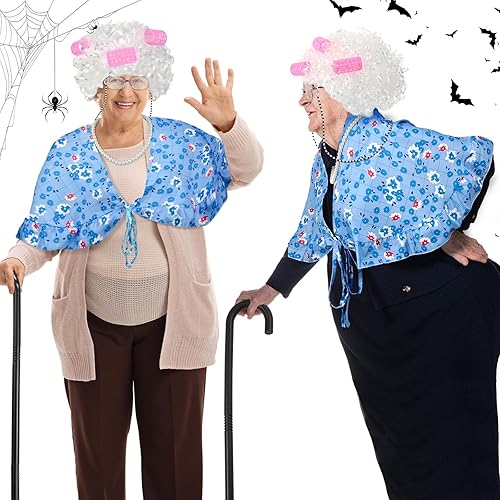 Miniatura 5 de Berlune 7 piezas de disfraz de anciana para el día de escuela, disfraz de vieja abuela para niños y mujeres, chal impreso, peluca de abuelita