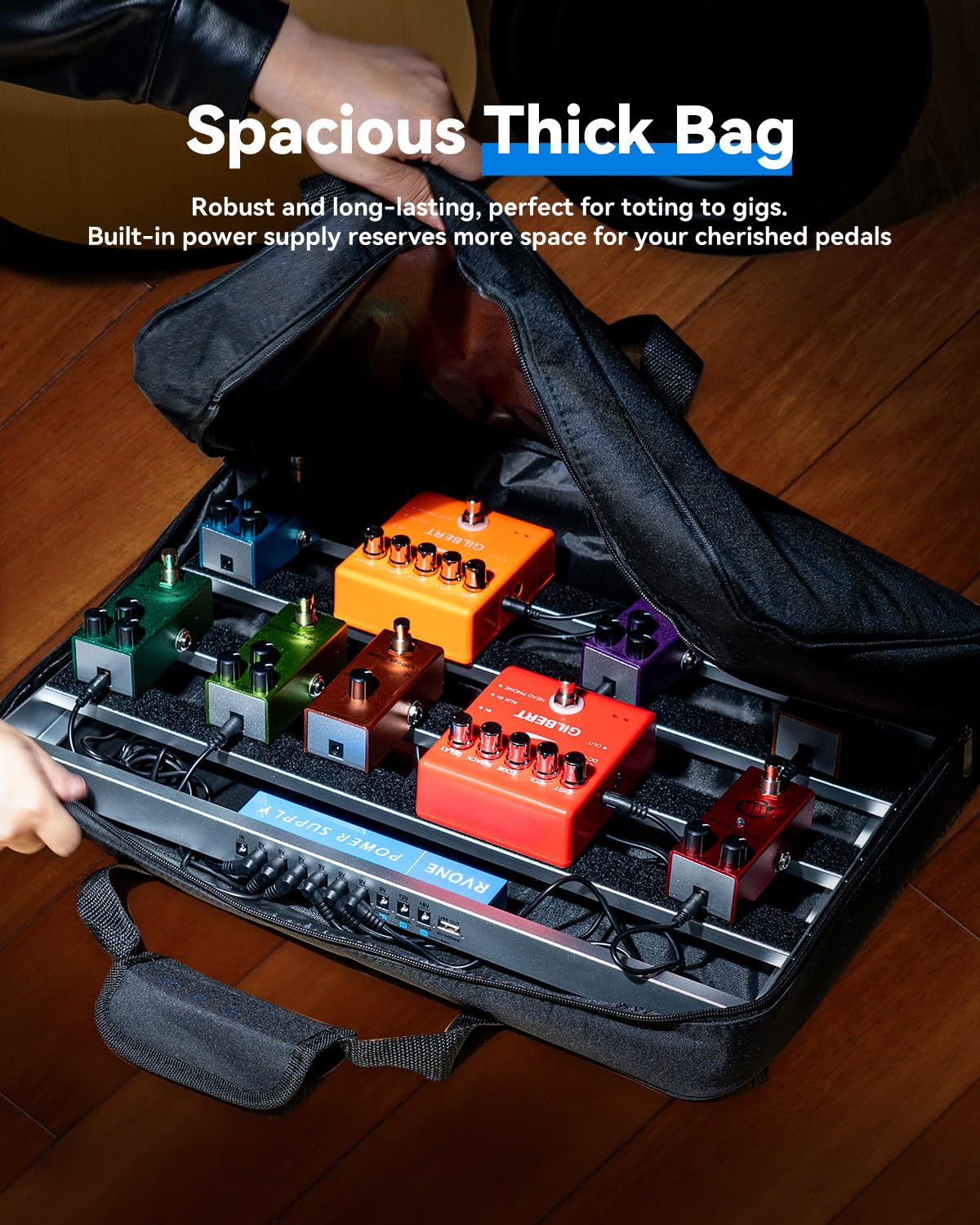 RVONE Gitarren-Pedalboard mit integriertem Netzteil, Aluminiumlegierung, tragbares Pedalboard mit Tasche, Pedalkabel, Klettverschluss (RPB-350)