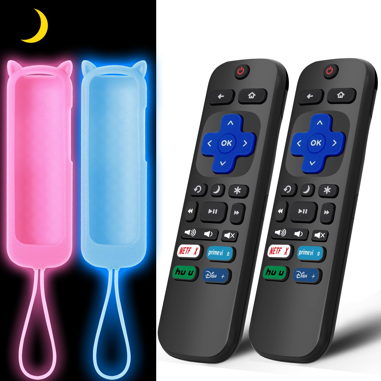 Photo 1 of (2+2 Packs) Replacement Remote for Roku TV with Soft Protective Silicone Cover(Glow in The Dark), Universal Remote for TCL Roku/Hisense Roku/Onn Roku/Sharp Roku/Element Roku/Philips Roku Smart TV
