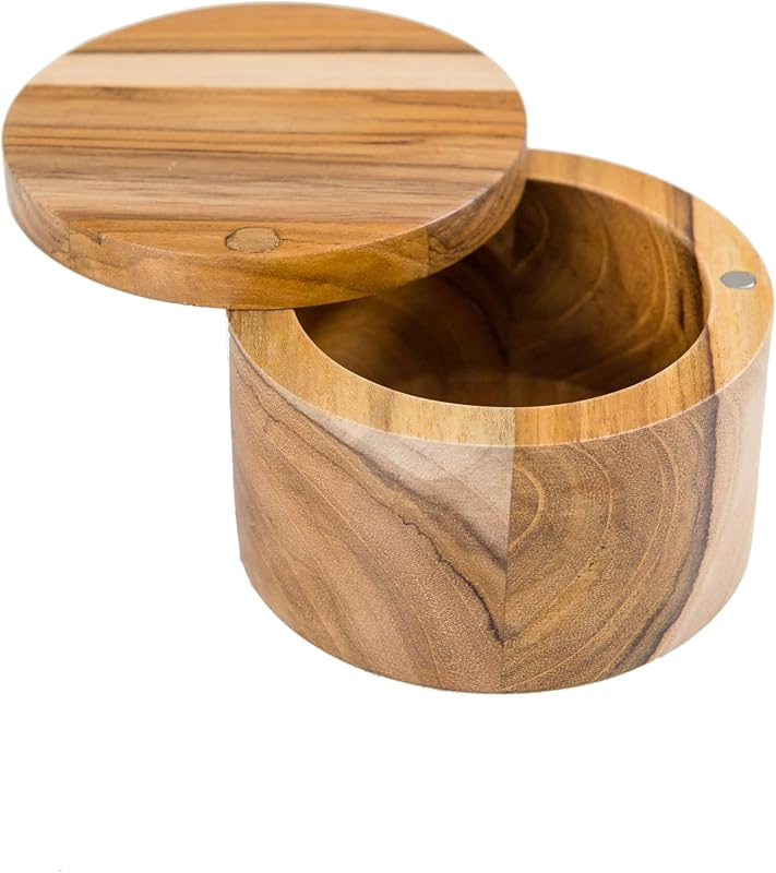 Teak Wood Salt or Spice Box with Swivel Cover, 3.6" Diameter x 2.375" Tall