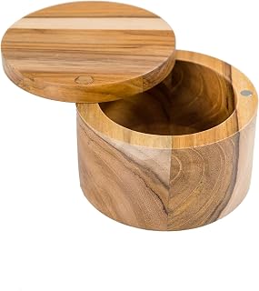 Teak Wood Salt or Spice Box with Swivel Cover, 3.6" Diameter x 2.375" Tall