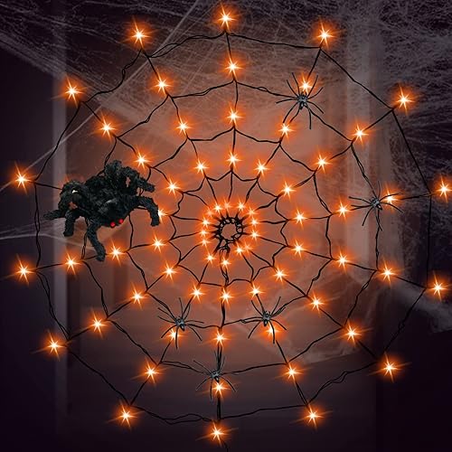 GVANCA Luces de telaraña de Halloween Decrations, 70 luces LED de telaraña para decoración de Halloween en interiores y exteriores, impermeables,