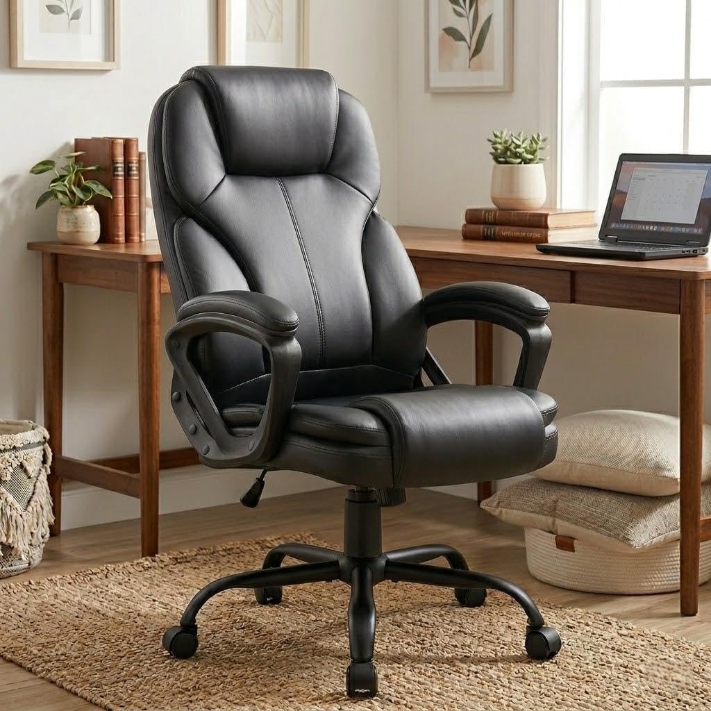 Shintenchi High Back Executive Office Chair, Ergonomic PU Computer Desk Chair with 3-Level Tilt, Padded Armrests 360° Swivel Free Task Chairs for Home Office, 330 Pound Capacity, Black