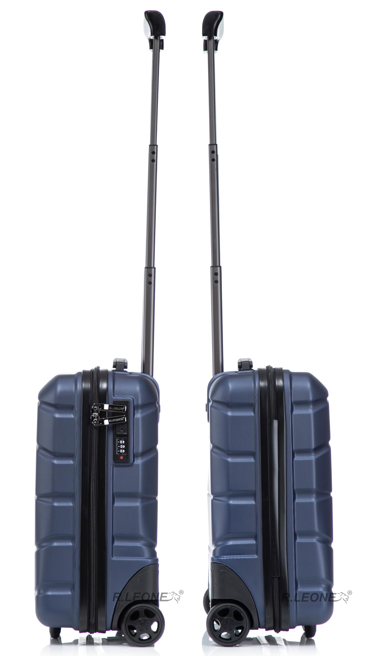 R.Leone Valigia da 1 Fino a Set 4 Trolley Rigido grande, medio, bagaglio a mano 55x40x23 cm Wizz, ITA Airways e bagaglio 45x36x20 cm EasyJet in ABS 8001 (Blu, Set 4 Pezzi XS S M L)