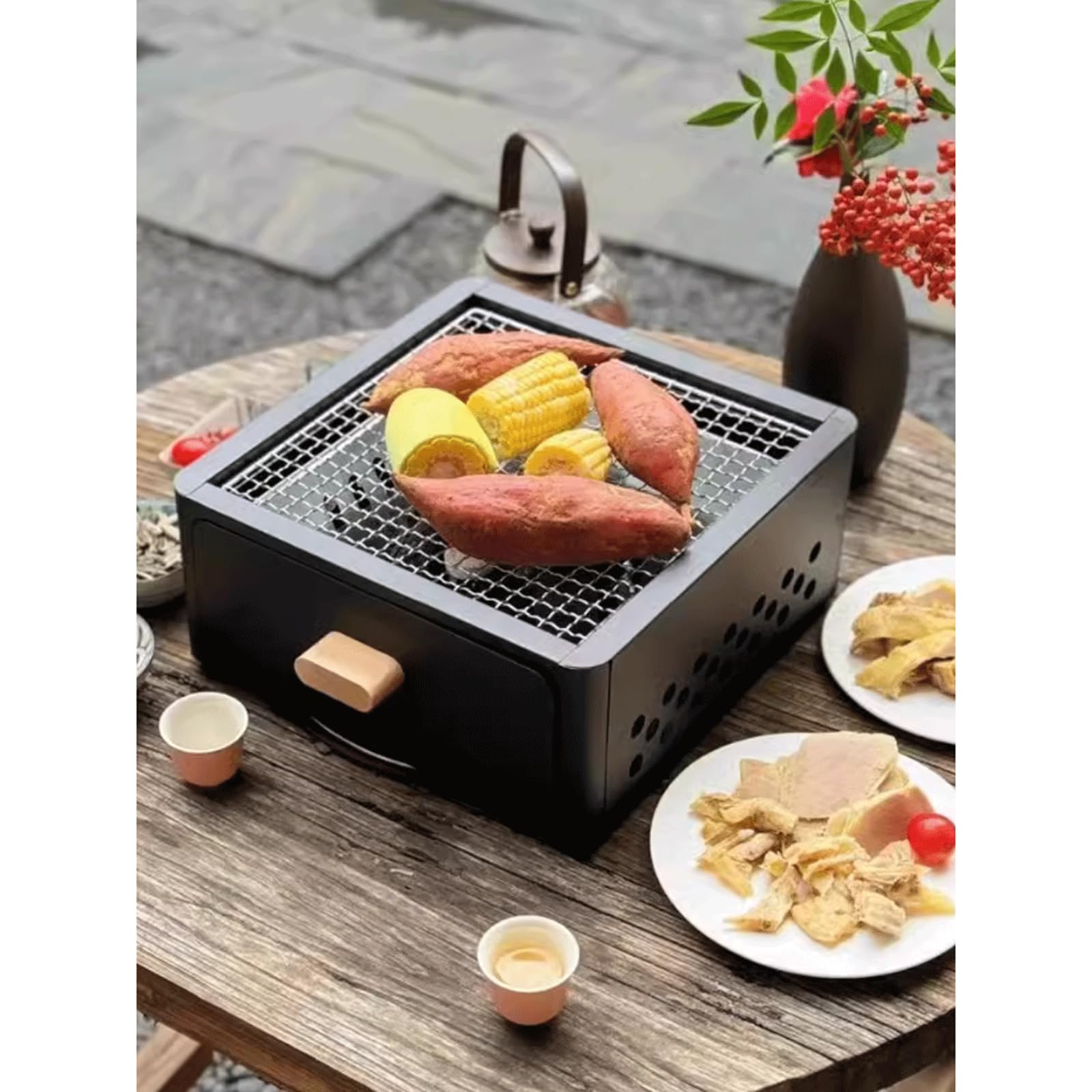 Przenośny Grill Na Węgiel Drzewny Kwadratowy Grill Stołowy Metalowy Mały Grill Grill Ogrodowy Wędzarnia/Black