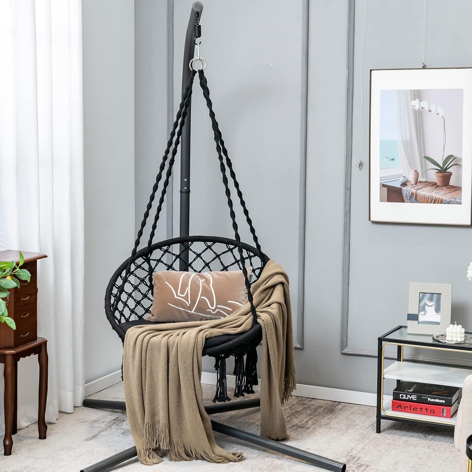 Giantex Hammock Chair Macrame Swing - Hanging Chair with Cushion and Hardware Kit, 330 LBS Weight Capacity, Indoor Swing for Hammock Stand, Patio, Balcony, Living Room Hammock Swing (Black)