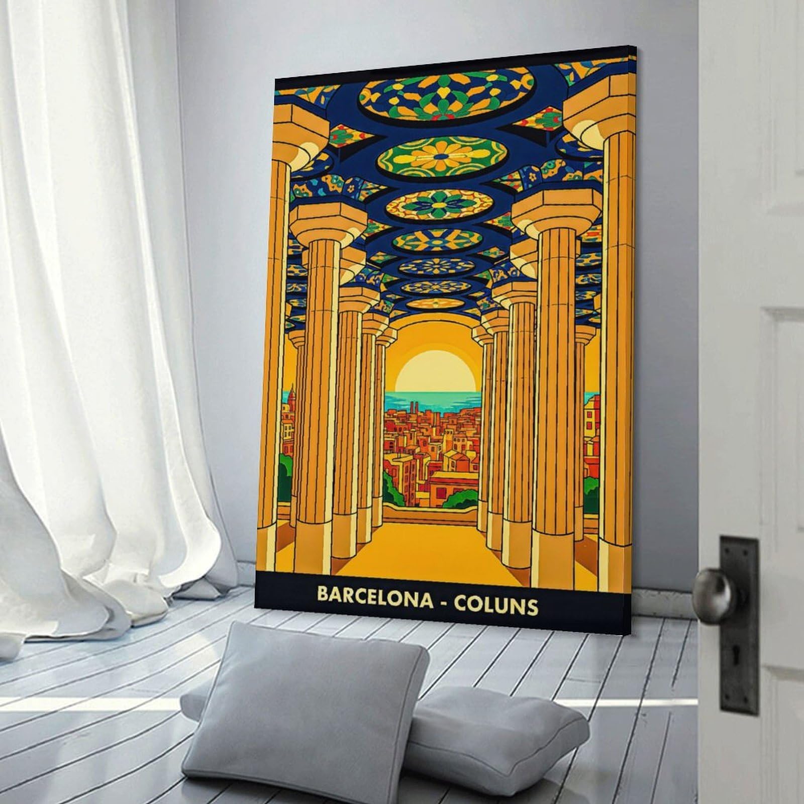 Junmoney Wall Art Print Barcelona Columns Cityscape Sunset, 24x36inch(60x90cm), for Bedroom Decor, Cosy Corners Or Studios, Decorative Wall Art for Cosy Rooms