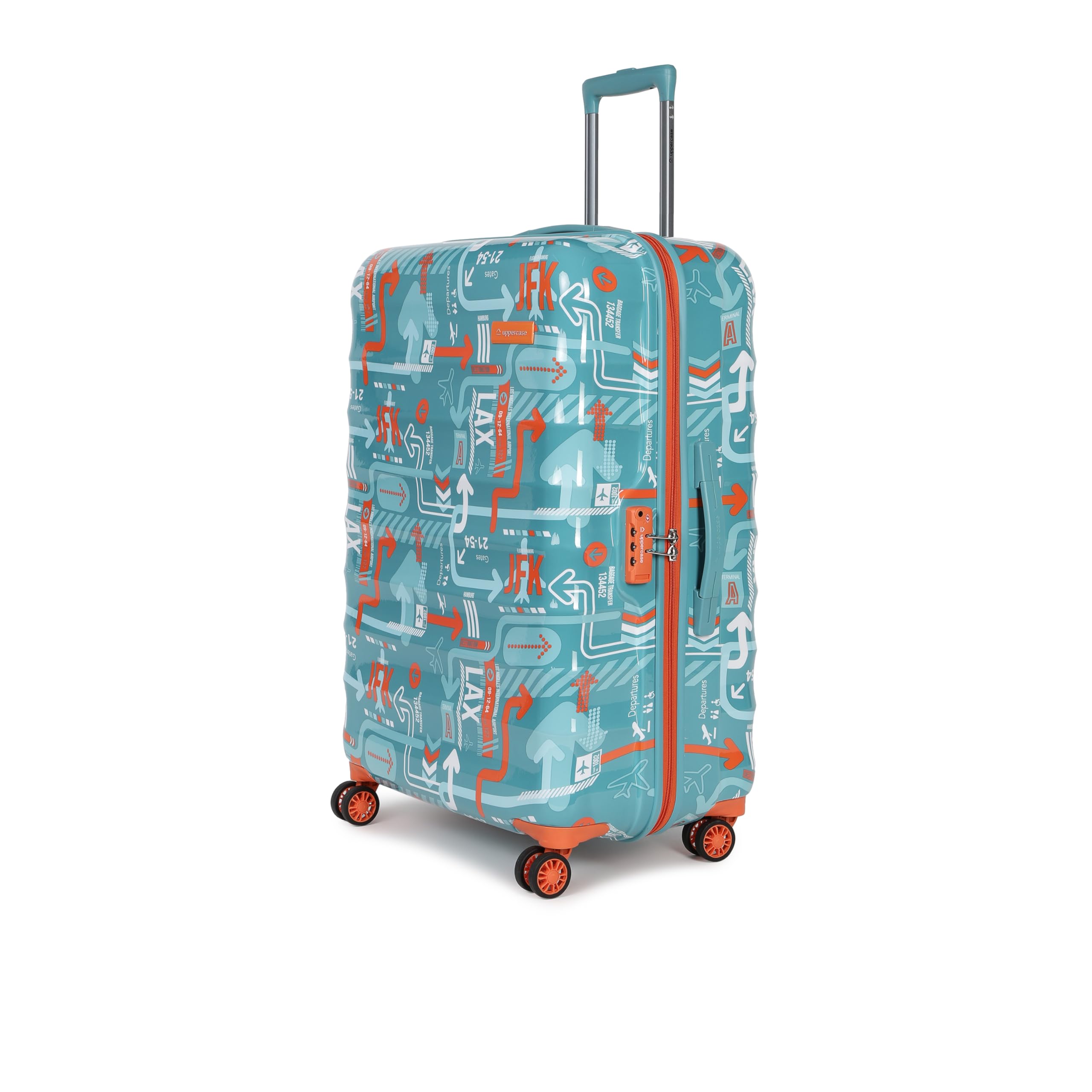 Jfk Plus (Large) 56Cms, Sustainable Check-In Trolley Bag, Hardsided Printed Luggage, Combination Lock, 8 Wheel Suitcase For Men & Women, 2000 Days Warranty (Teal Blue, Polyester, Spinner)