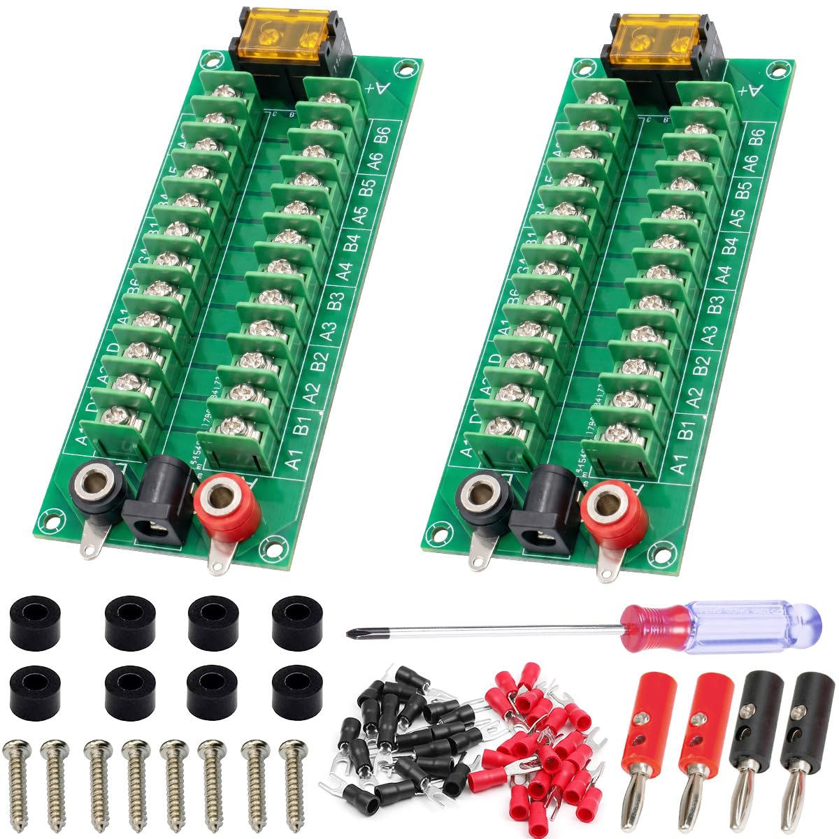Youmile 2 pcs Power Distribution Board 2x12 Position Barrier Terminal Block Distribution Module 20A AC DC 3 Inputs with Banana Plug Red and Black Terminal Blocks Screwdriver Spacer