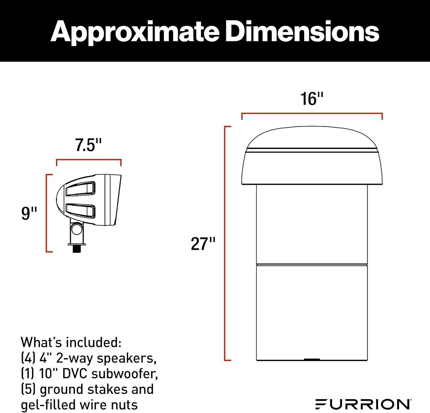 Furrion Aurora Veranda Series Outdoor Landscape Speaker System - Waterproof 4.1 Channel with 4” 100W Satellite Speakers and 10” 150w Subwoofer- for Patios, Decks and Gardens