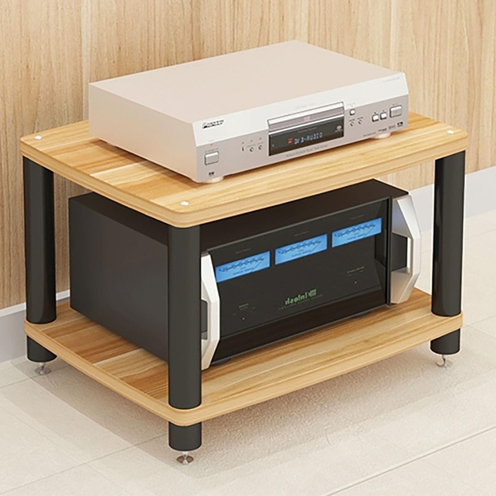 Armadio stereo - mensola per proiettore, supporto multimediale AV, componente audio/video, rack audio stereo, scaffali per centro intrattenimento con piedini in metallo (naturale, 2 livelli)