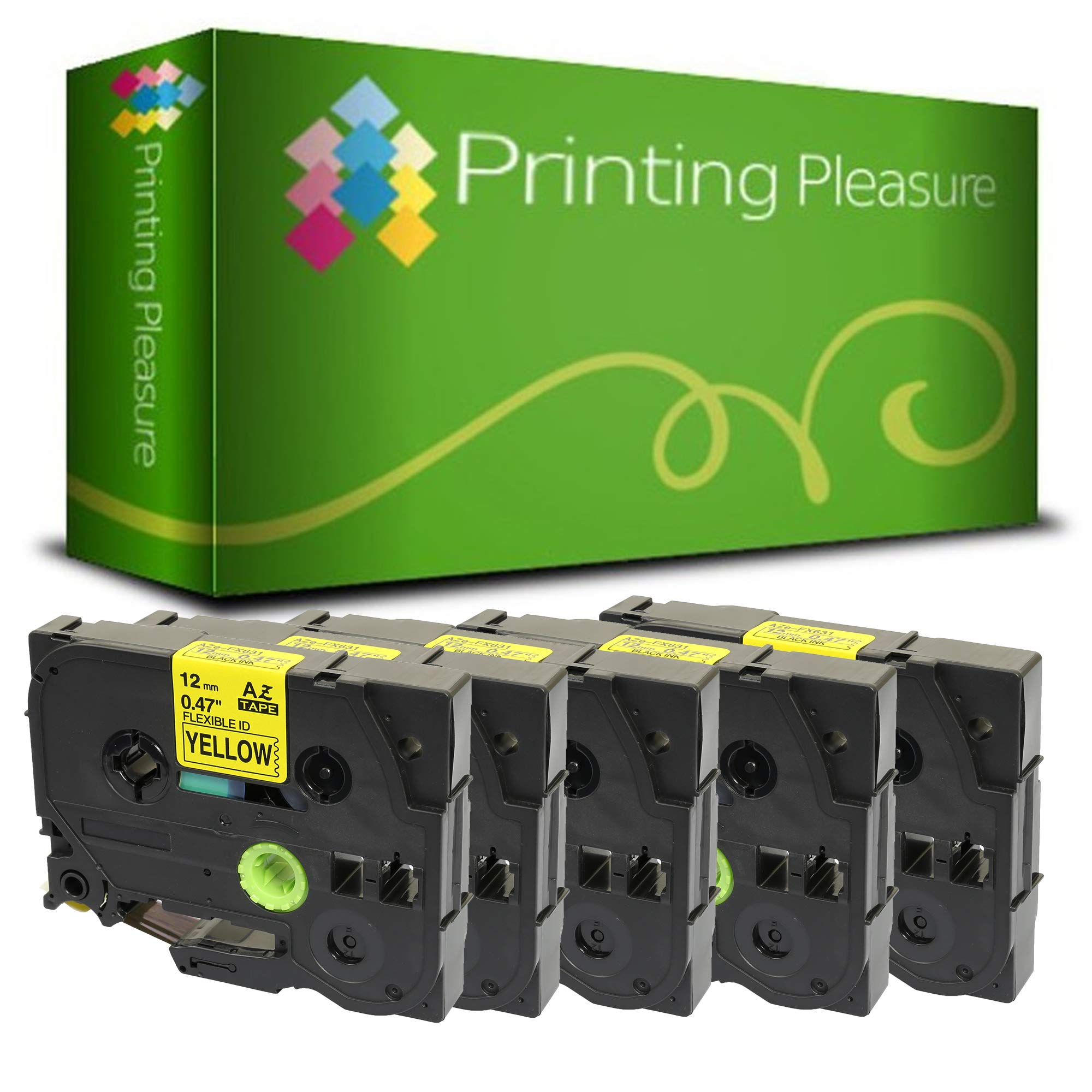 Printing Pleasure 5 x TZe-FX631 TZ-FX631 Black on Yellow Flexible Label Tapes Compatible with P-Touch Label Printing Machines | 12mm x 8m | Laminated