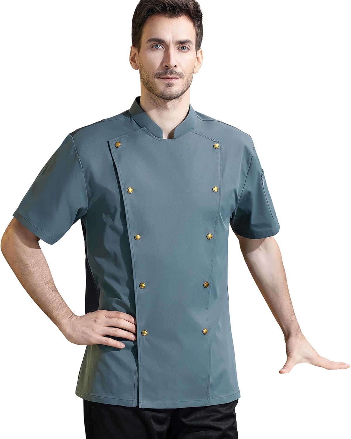 Unisex Chef Coat Metal Buckles Chef Jacket Double-breasted Short Sleeve Chef Shirt Convenient for Working Chef Uniform - Image 2