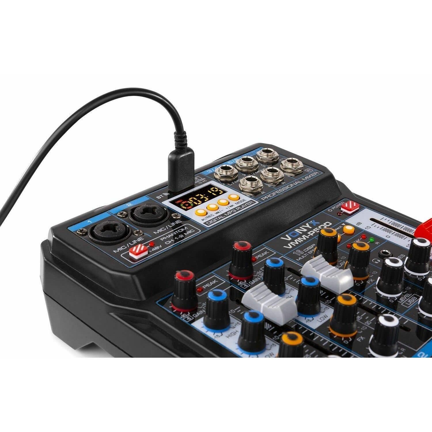VONYX VMM-P500 Mezclador de Directo con 4 Canales con Efectos DSP, EQ en los Dos Primeros Canales con Control de Ganancia, conexión USB, conexión Bluetooth, Phantom +48 y Salida de Auriculares