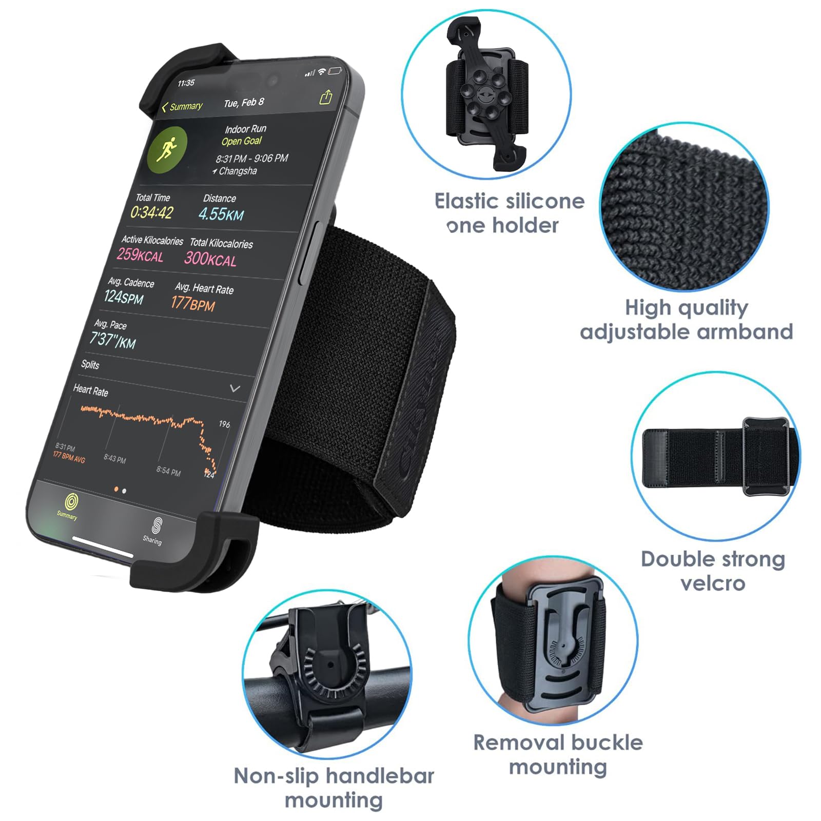 Cikyner Fascia da braccio girevole 3 in 1, supporto per telefono da corsa rimovibile per iPhone da 11,4 a 17,8 cm, palestra, escursionismo